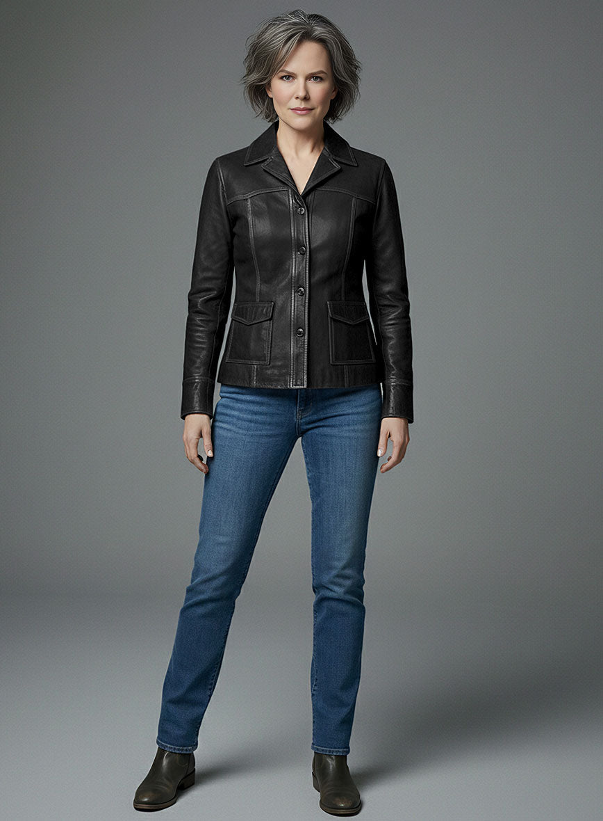 Nicole Kidman Destroyer Black Leather Jacket – close-up and worn views