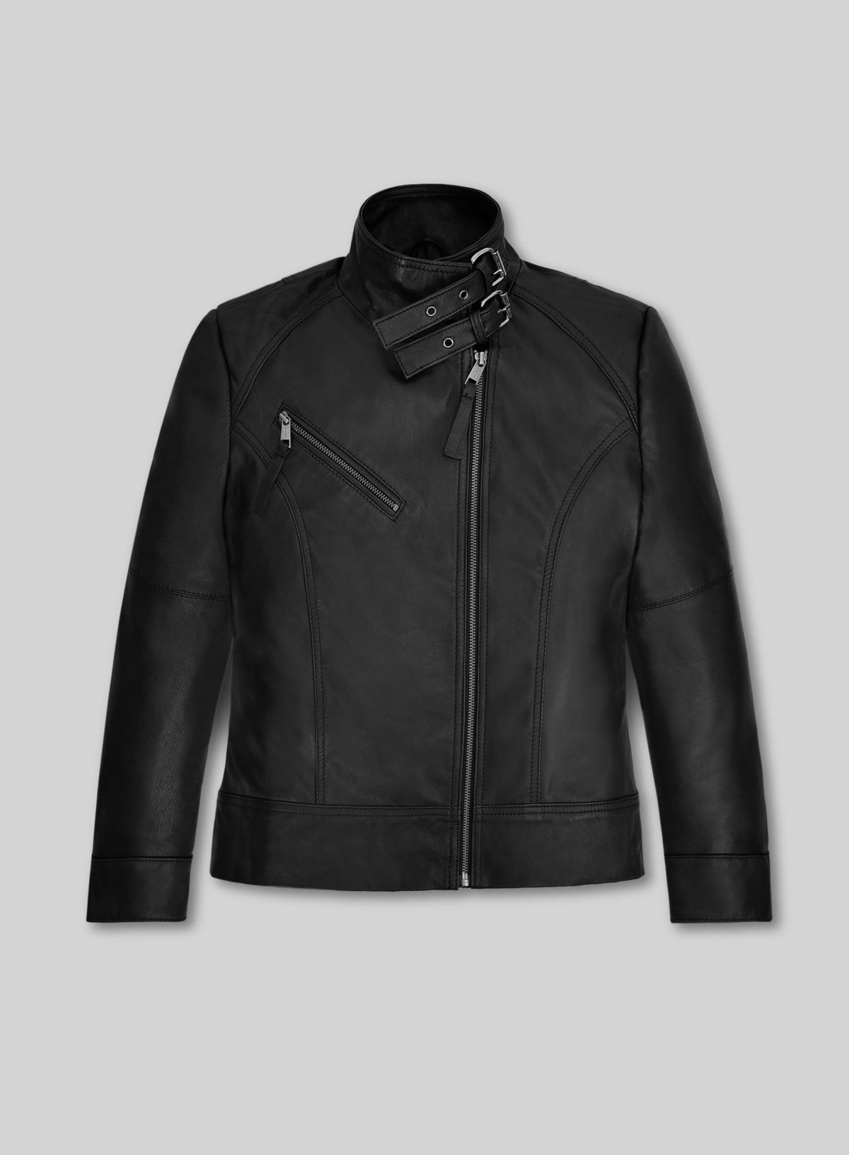 Nina Dobrev Black Leather Jacket – front view