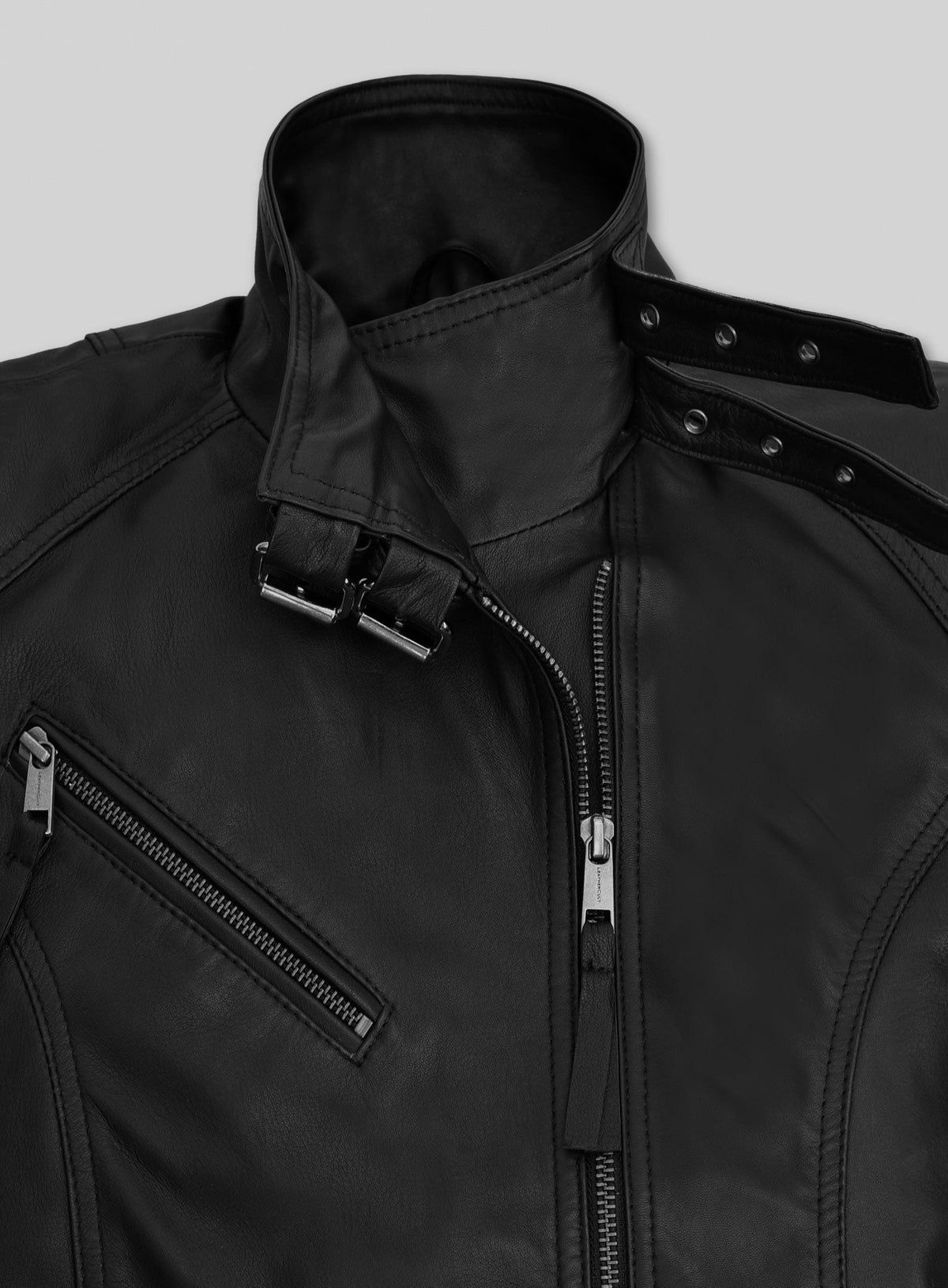Nina Dobrev Black Leather Jacket – close-up and worn views