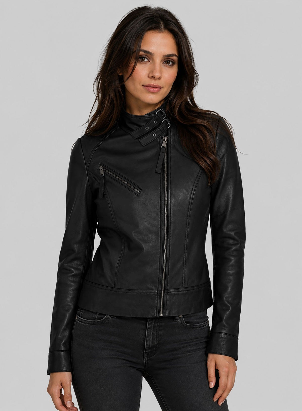 Nina Dobrev Black Leather Jacket – full product view