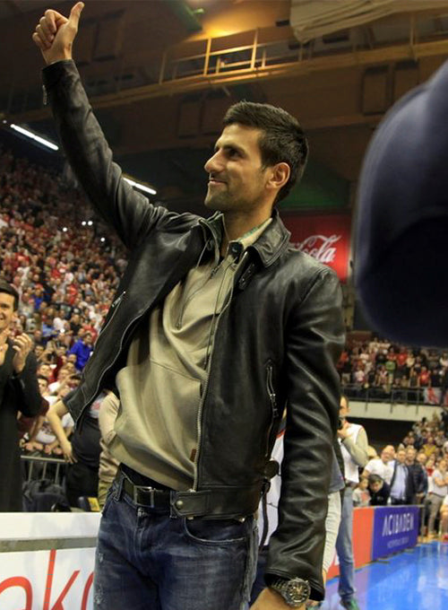 Novak Djokovic Red Leather Jacket – close-up and worn views