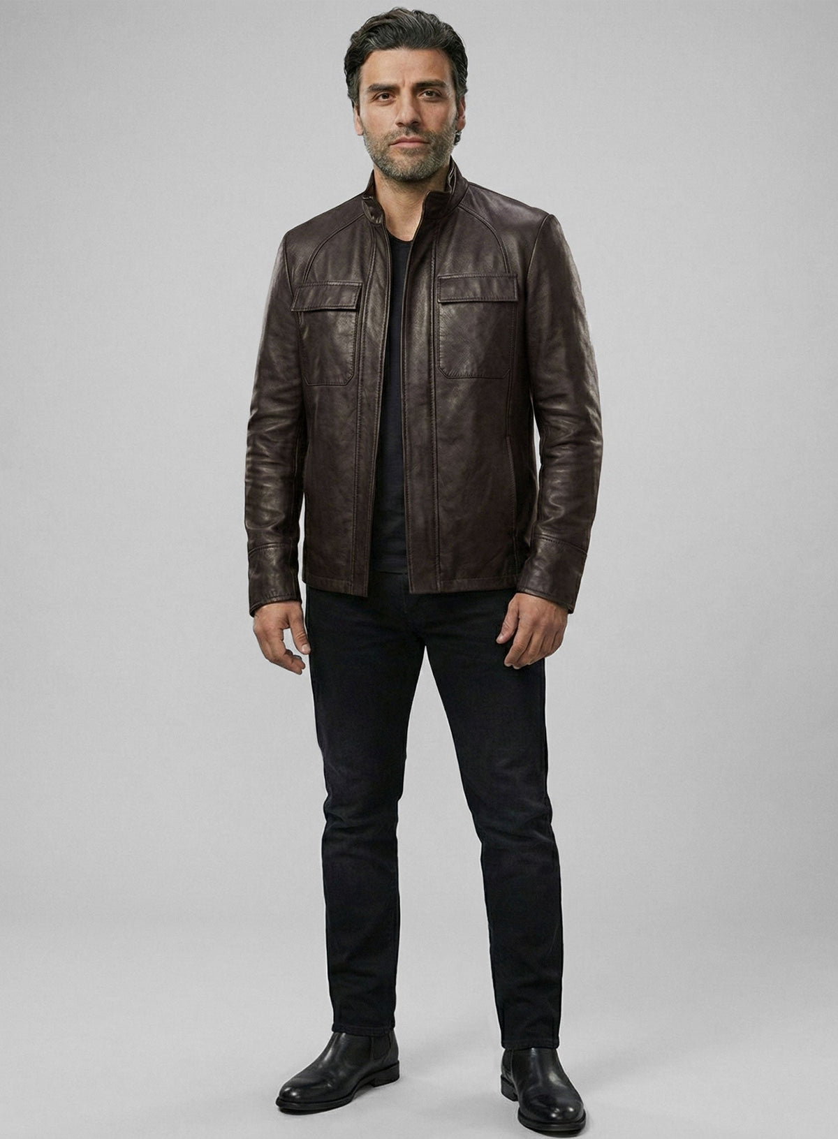 Oscar Isaac Star Wars: The Last Jedi Black Leather Jacket – close-up and worn views