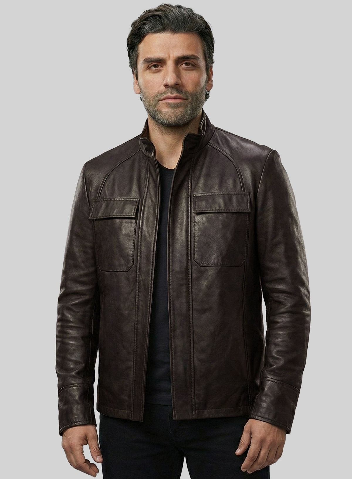 Oscar Isaac Star Wars: The Last Jedi Black Leather Jacket – close-up and worn views