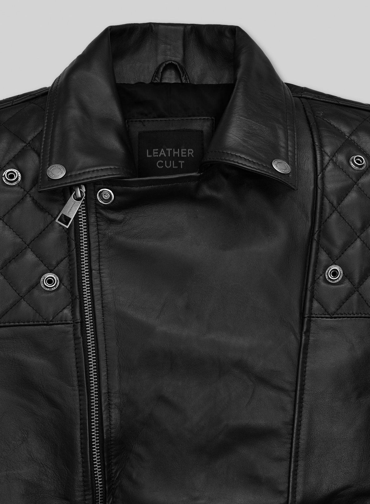 Patrick J. Adams Suits Black Biker Leather Jacket – close-up detail of hardware and pockets