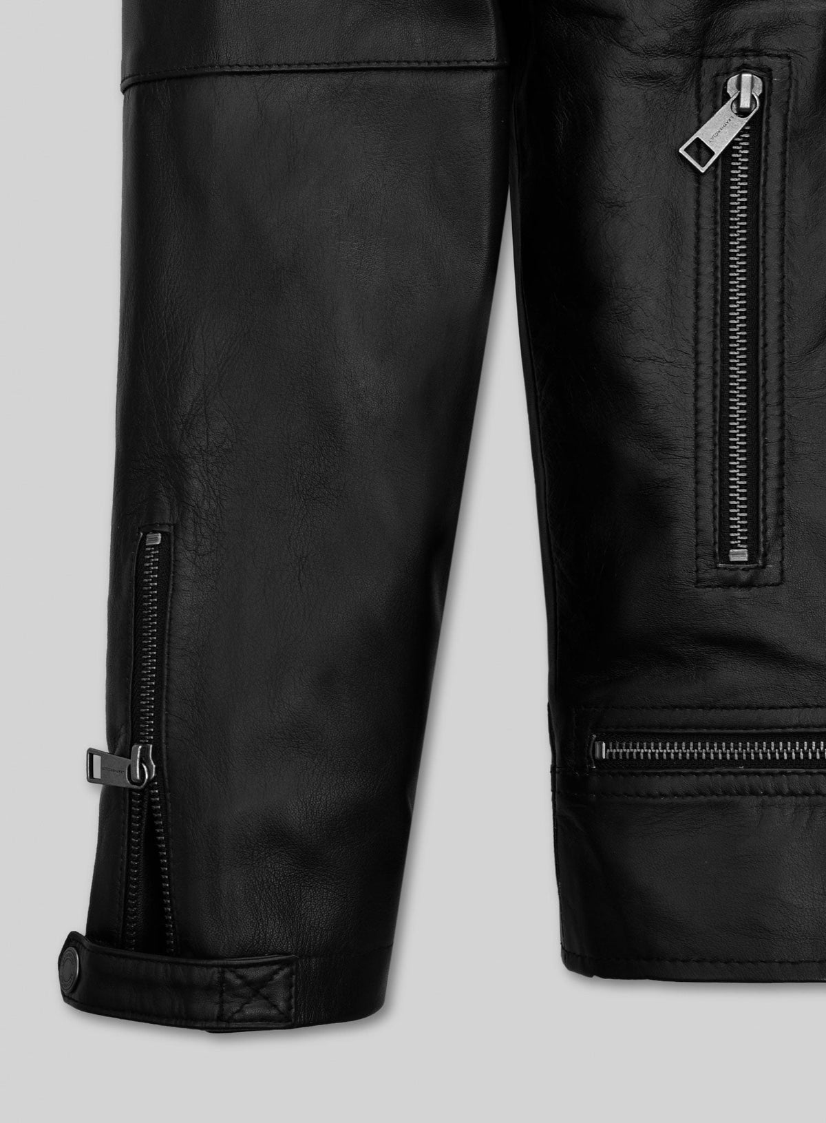 Patrick J. Adams Suits Black Biker Leather Jacket – close-up detail of leather and stitching