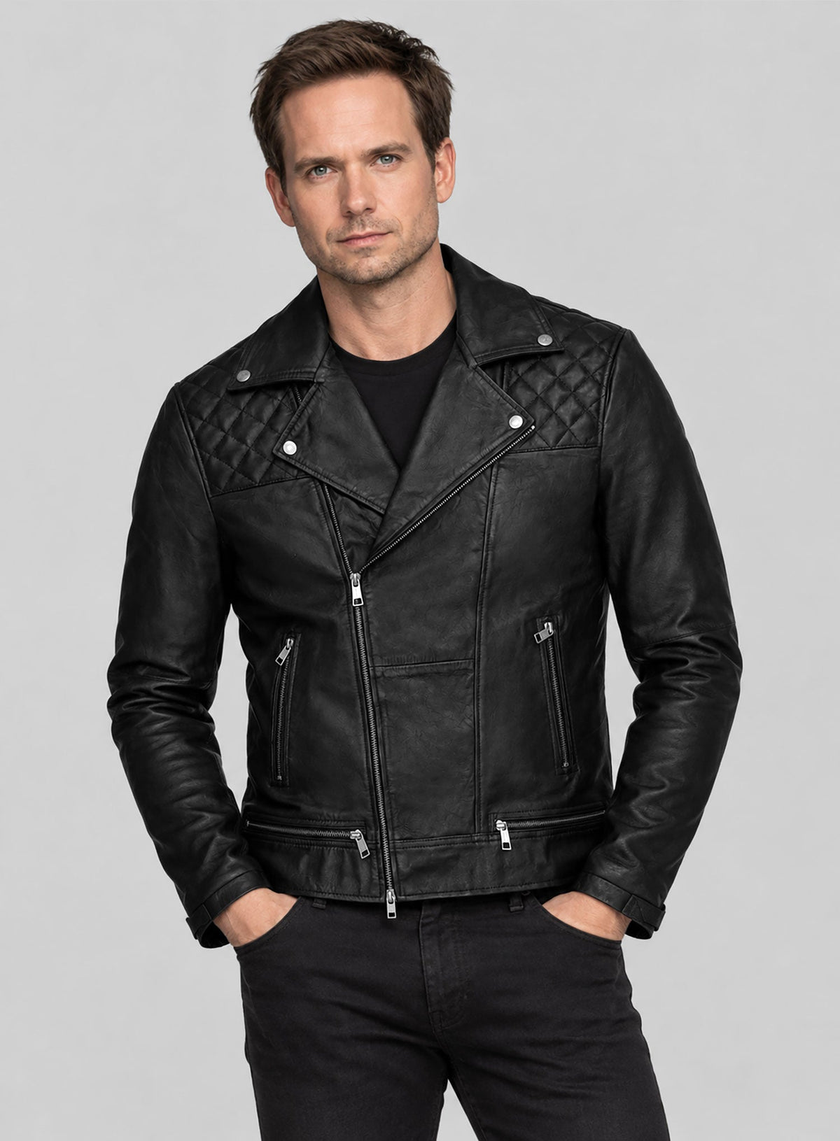 Patrick J. Adams Suits Black Biker Leather Jacket – worn look