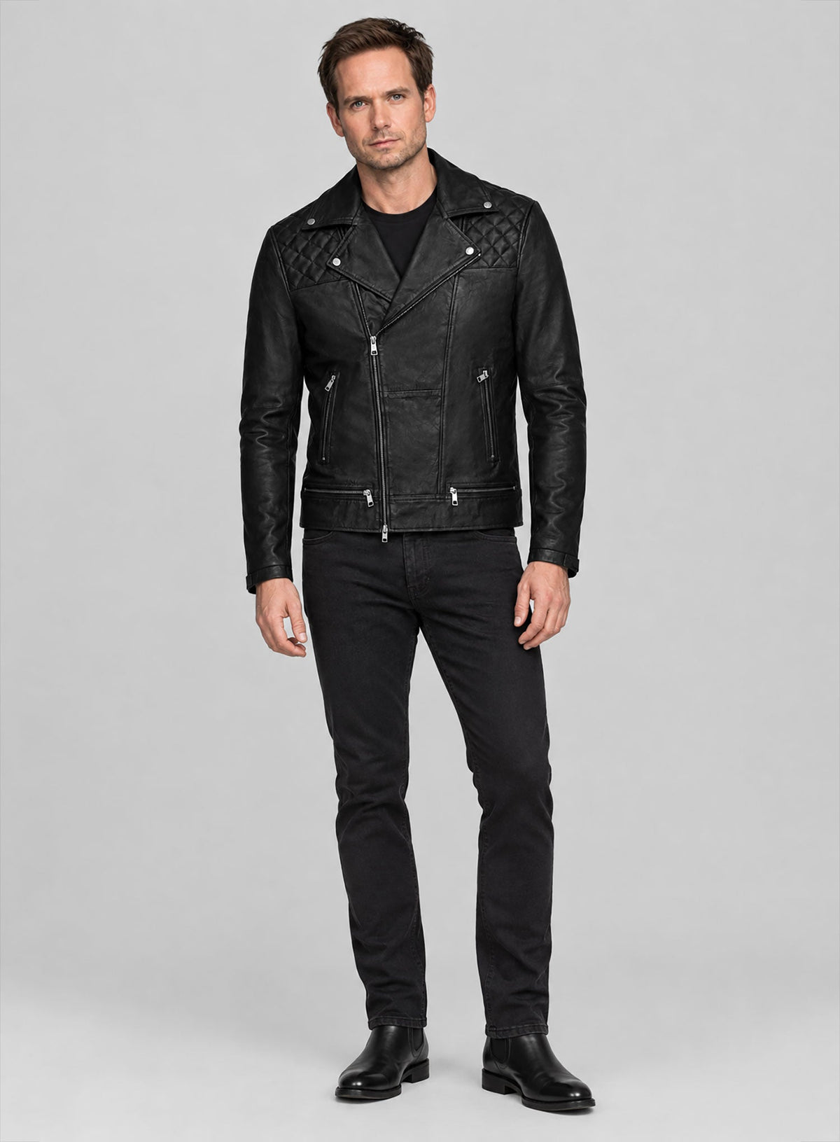 Patrick J. Adams Suits Black Biker Leather Jacket – worn look