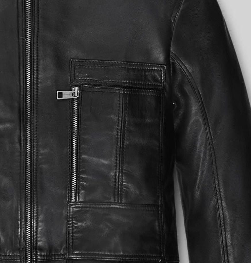Paul Wesley Vampire Diaries Black Leather Jacket – close-up detail of front closure, pocket and leather stitching