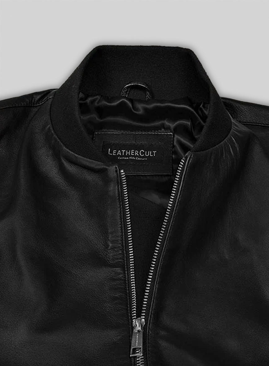 Pitbull Black Bomber Leather Jacket – close-up and worn views