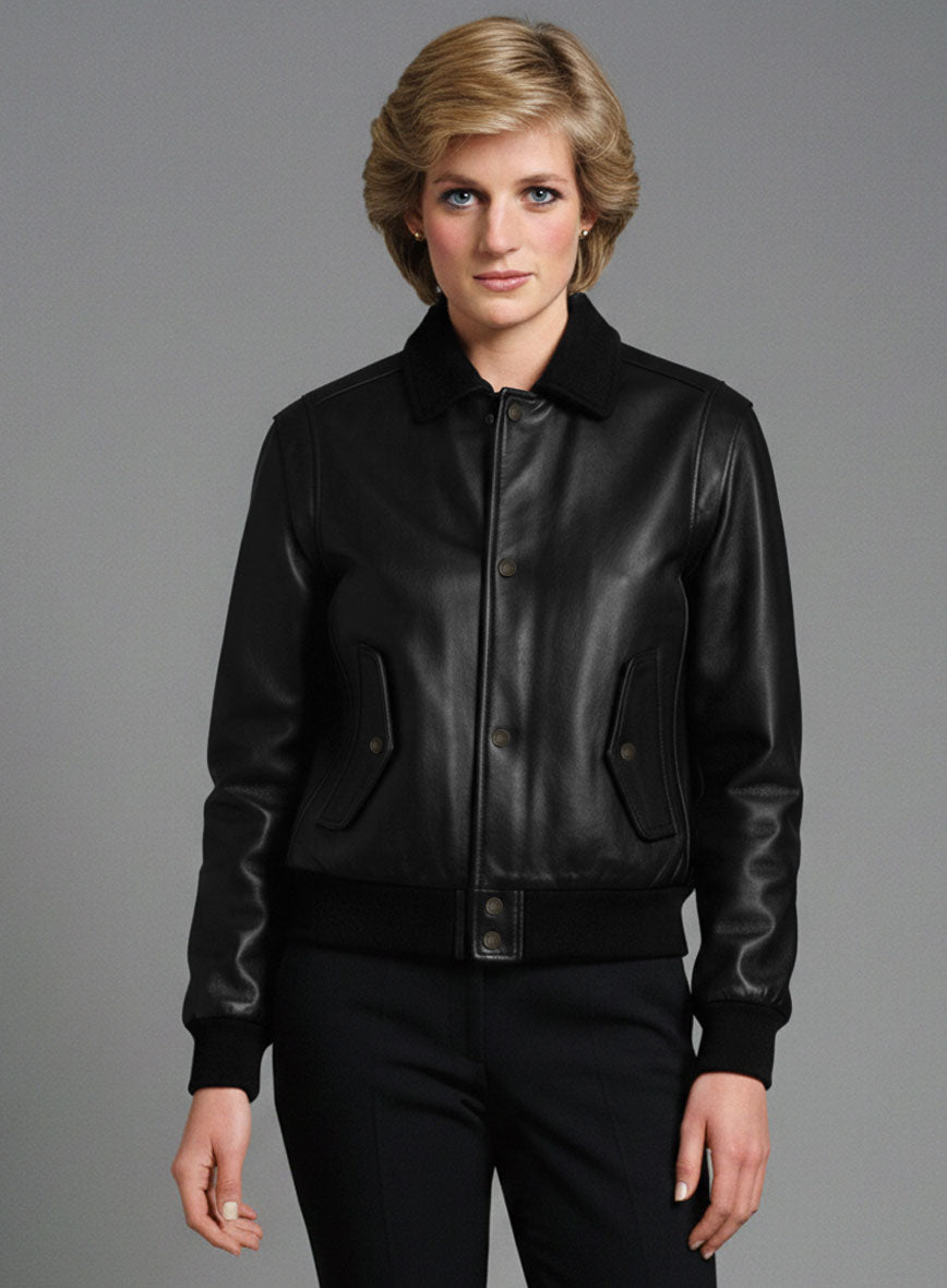 Princess Diana Black Leather Jacket – close-up and worn views