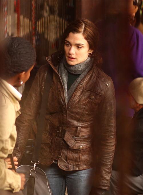 Rachel Weisz The Whistleblower Black Leather Jacket – close-up and worn views
