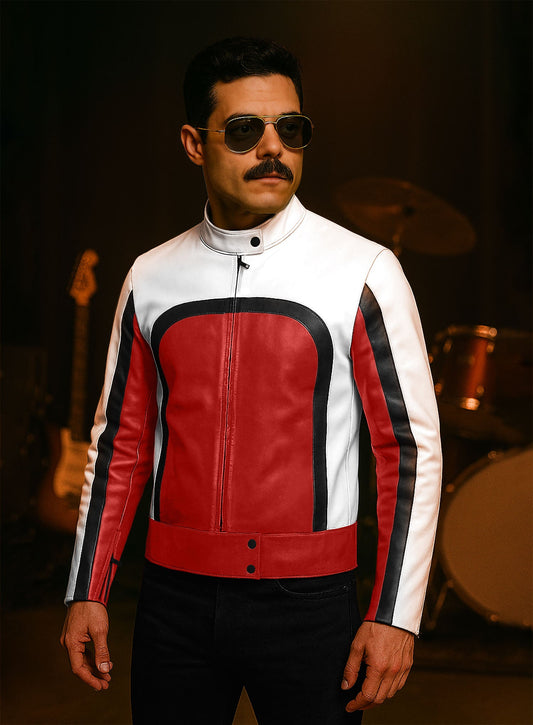 Rami Malek Bohemian Rhapsody Red & White Leather Jacket – worn look