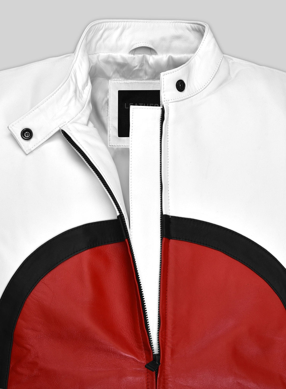 Rami Malek Bohemian Rhapsody Red & White Leather Jacket – close-up detail of leather and stitching