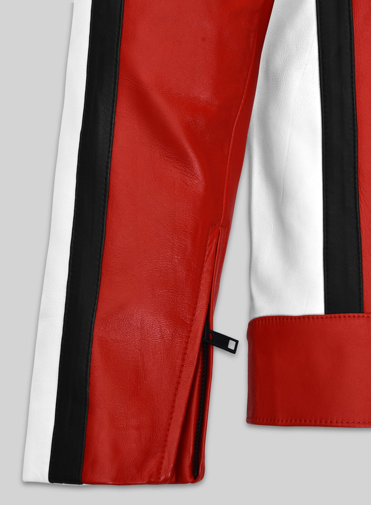 Rami Malek Bohemian Rhapsody Red & White Leather Jacket – close-up detail of hardware and pockets