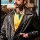 Rami Malek Black Leather Jacket – Rami Malek wearing the look, photo 2