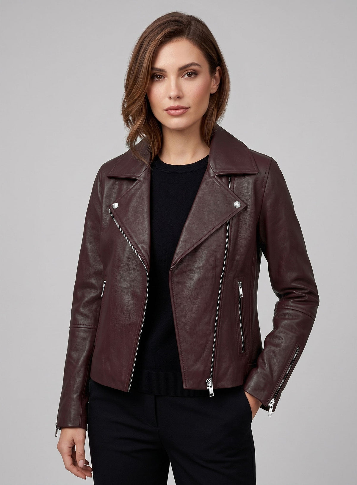 Reese Witherspoon The Morning Show Black Leather Jacket – full product view