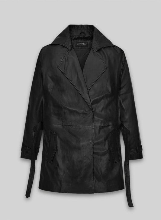 Renee Zellweger Black Leather Long Coat – front view