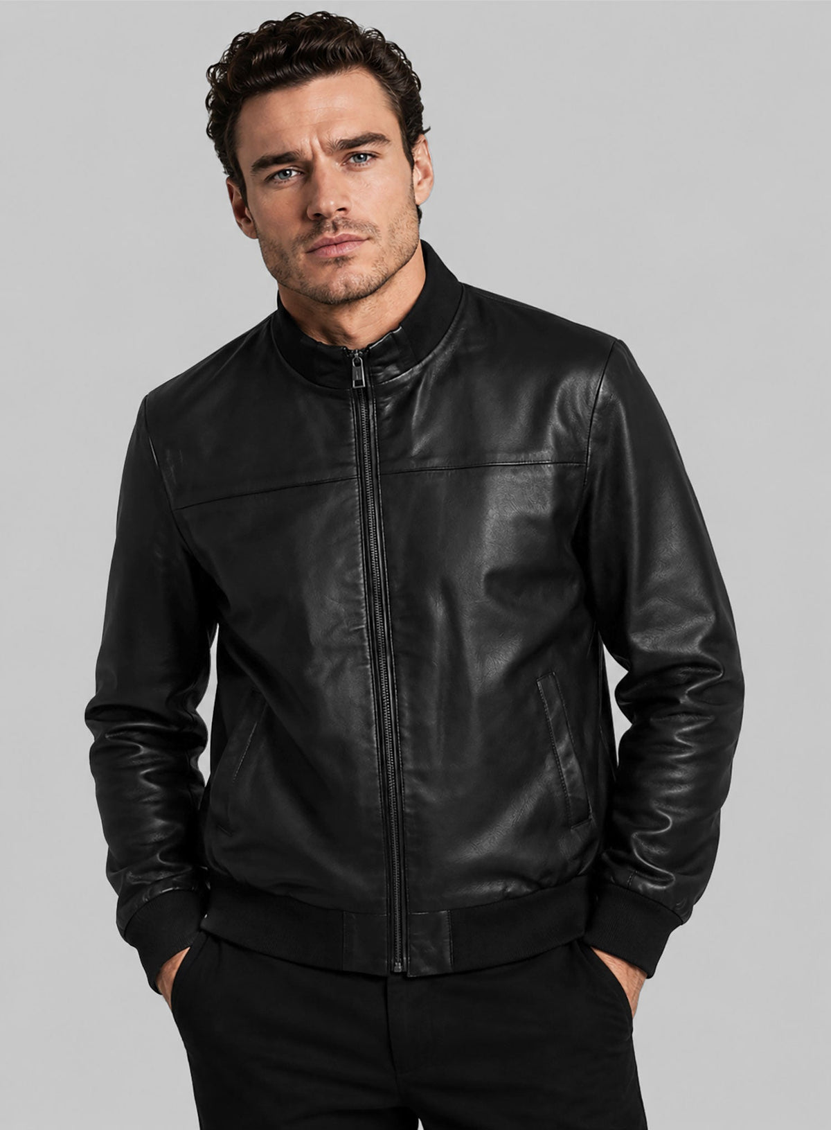 Richard Madden AOL Build Black Bomber Leather Jacket – worn look