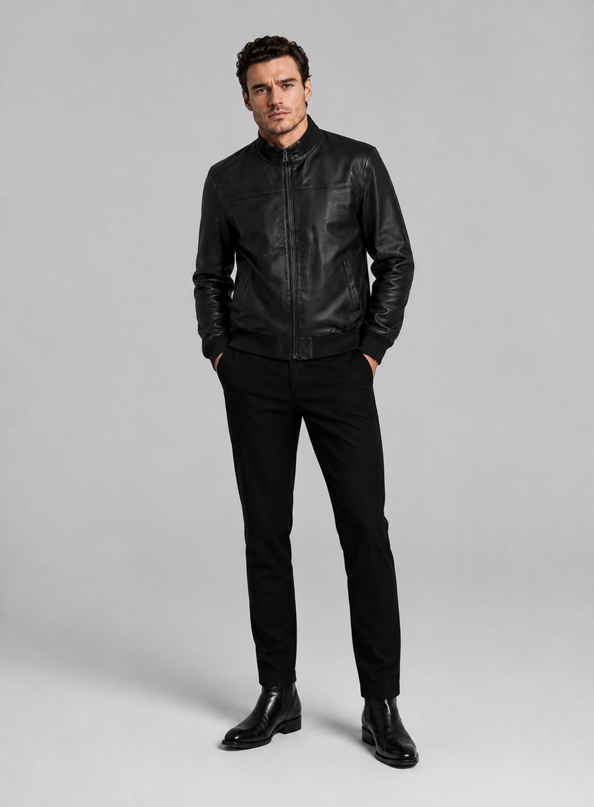 Richard Madden AOL Build Black Bomber Leather Jacket – worn look