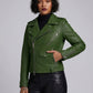 Rihanna Black Biker Leather Jacket Style 1 – close-up and worn views