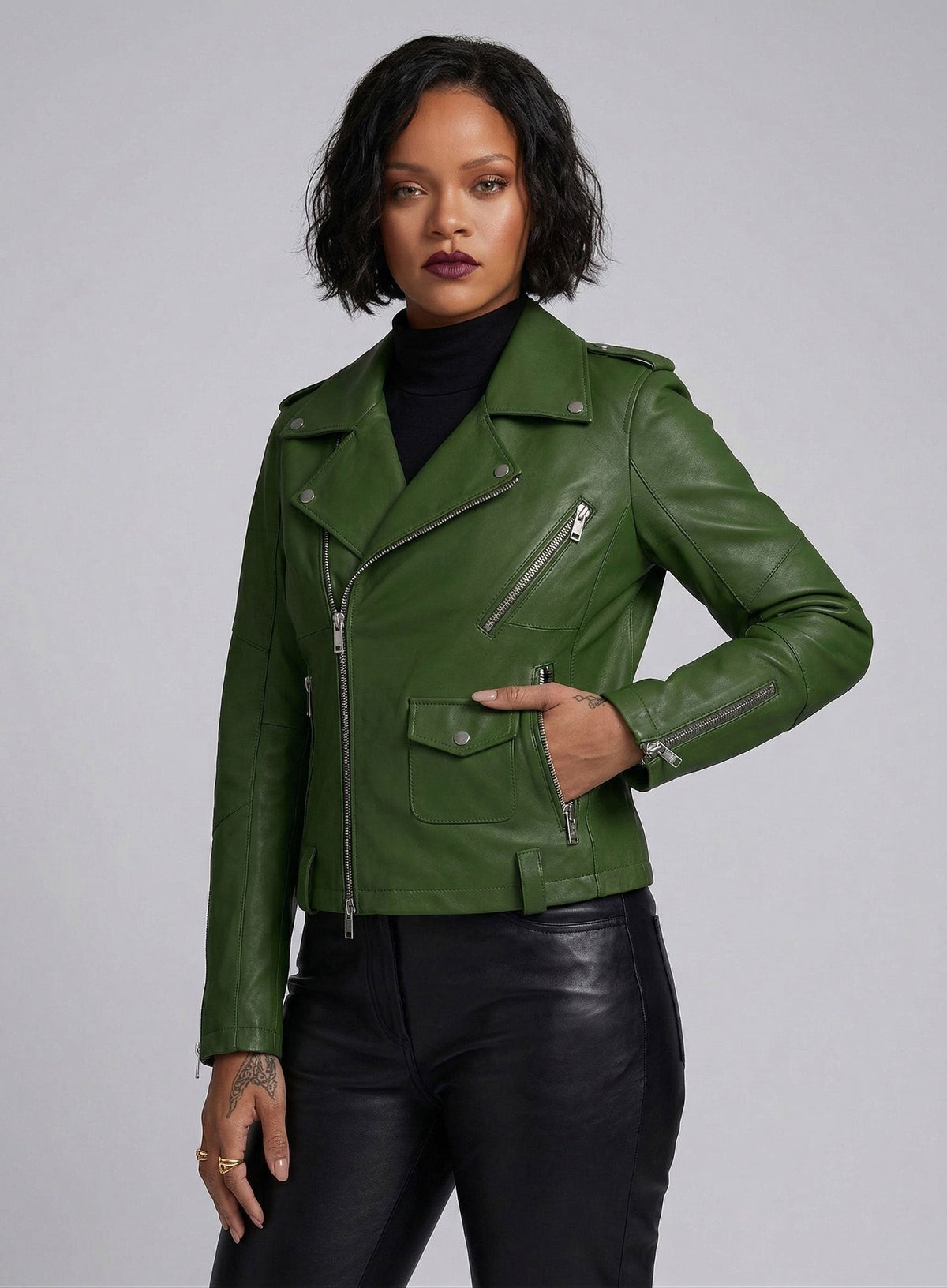 Rihanna Black Biker Leather Jacket Style 1 – close-up and worn views