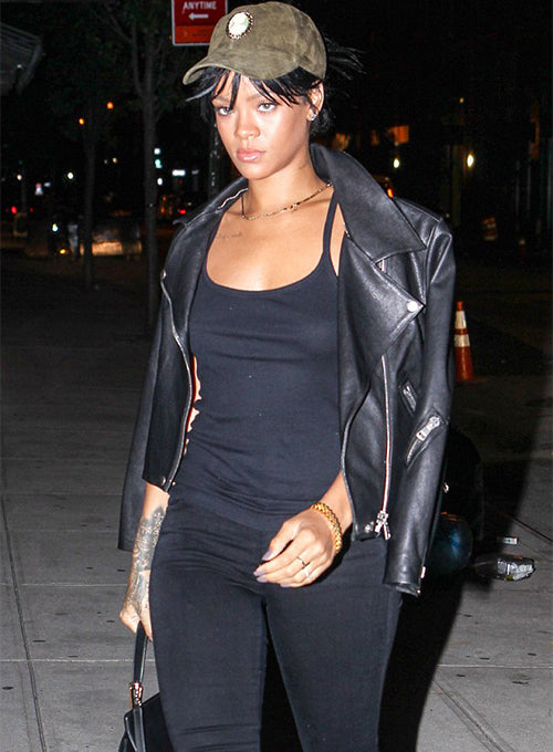 Rihanna Black Biker Leather Jacket – alternate view