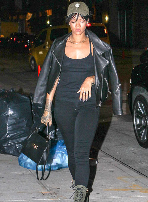 Rihanna Black Biker Leather Jacket – close-up and worn views