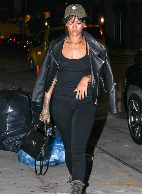 Rihanna Black Biker Leather Jacket – close-up and worn views