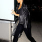 Rihanna Black Biker Leather Jacket – close-up and worn views