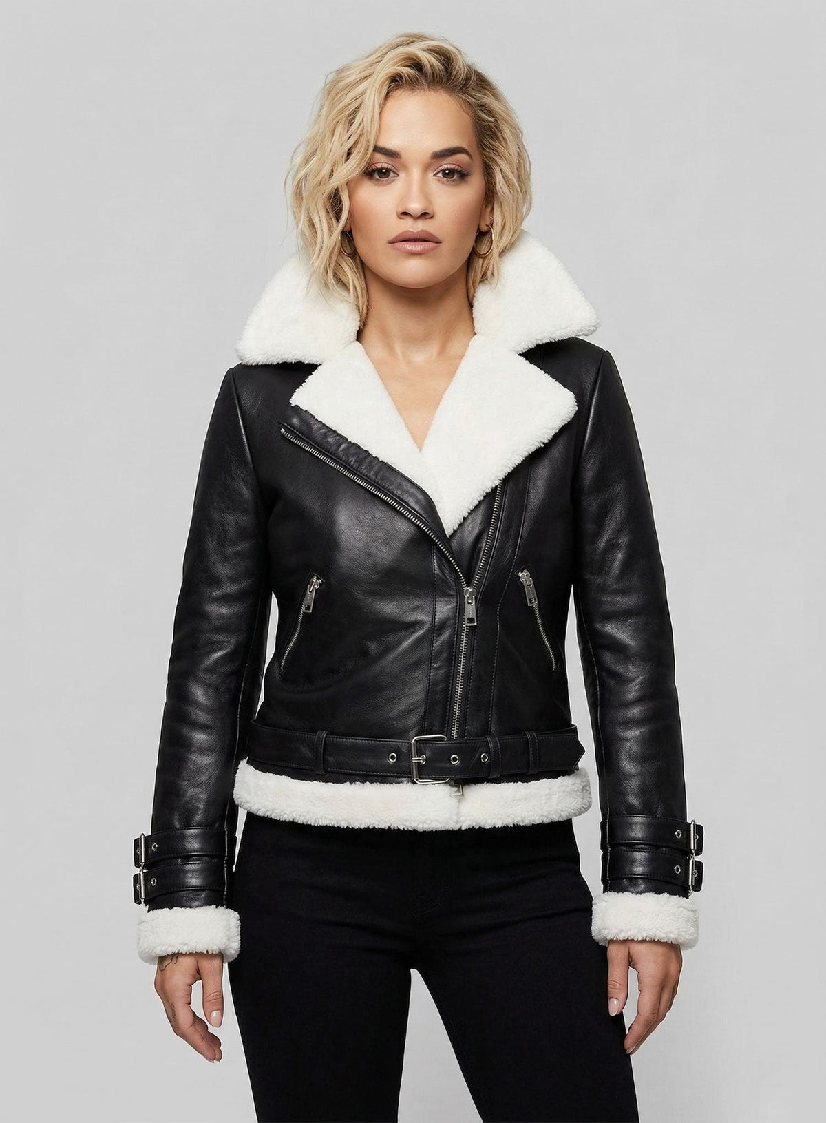Rita Ora Black Biker Leather Jacket Style 2 – full product view