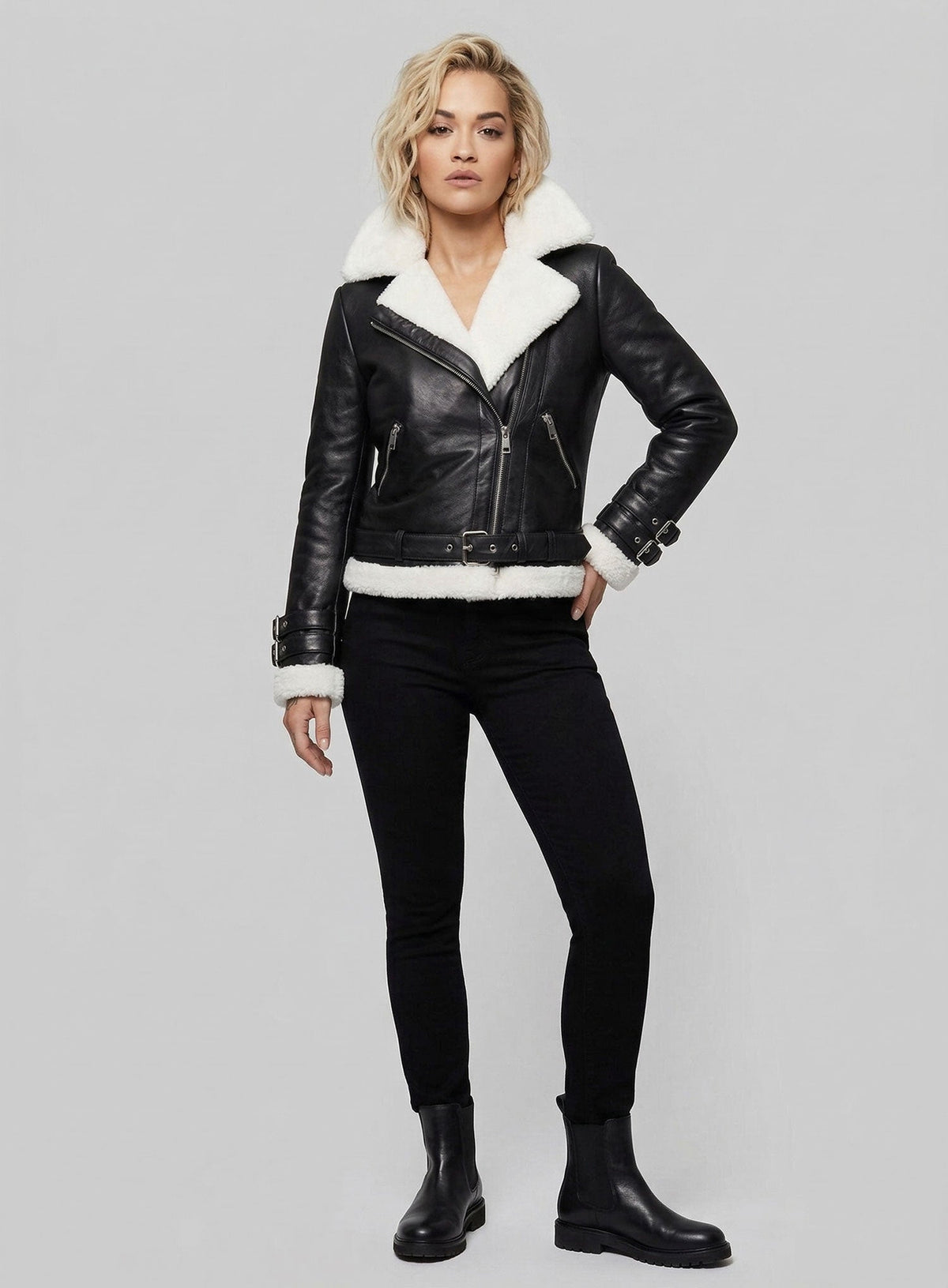 Rita Ora Black Biker Leather Jacket Style 2 – full product view