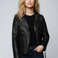 Rita Ora Black Biker Leather Jacket – close-up and worn views
