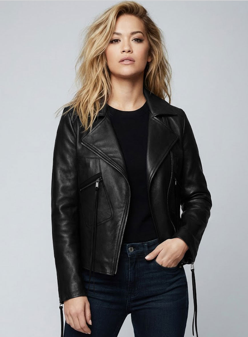 Rita Ora Black Biker Leather Jacket – close-up and worn views