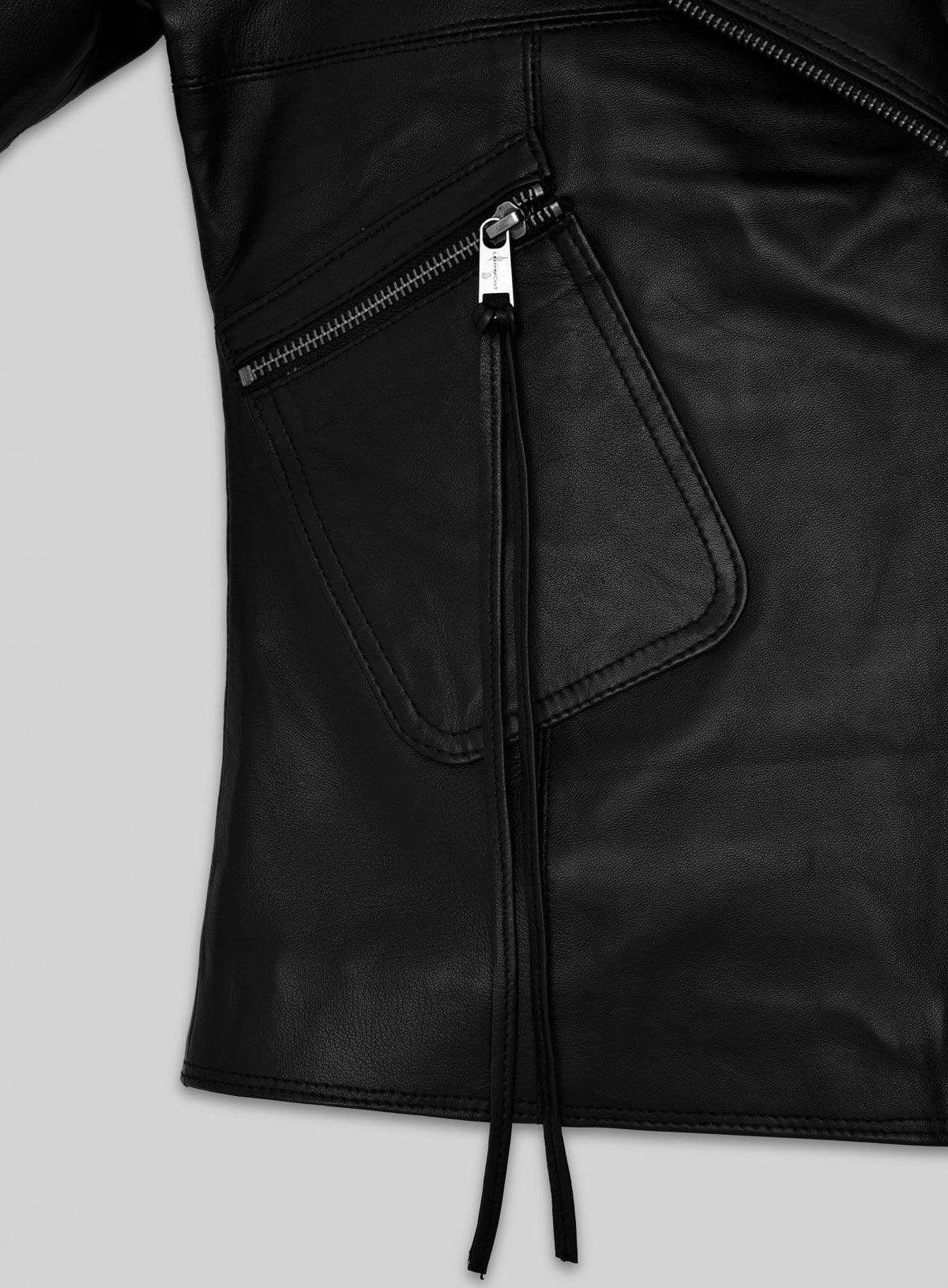Rita Ora Black Biker Leather Jacket – close-up and worn views