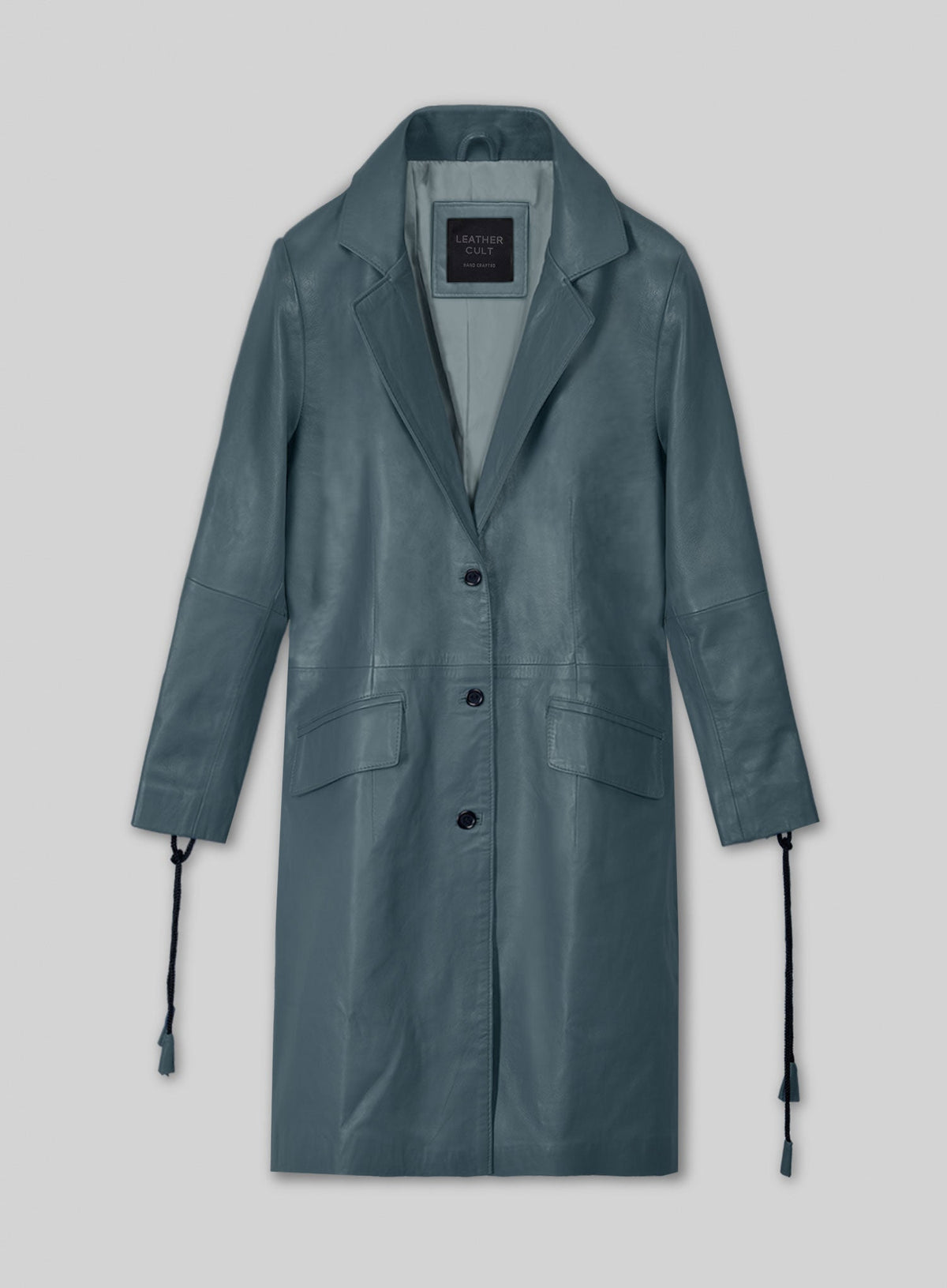 Rita Ora Black Leather Long Coat – front view