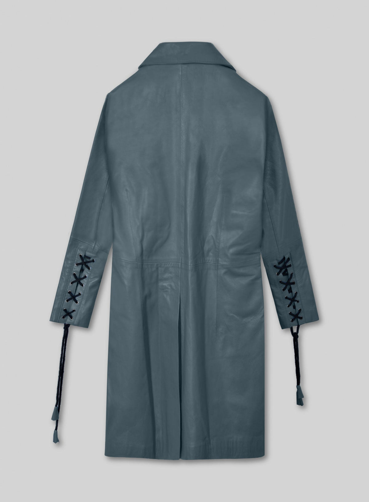 Rita Ora Black Leather Long Coat – back view