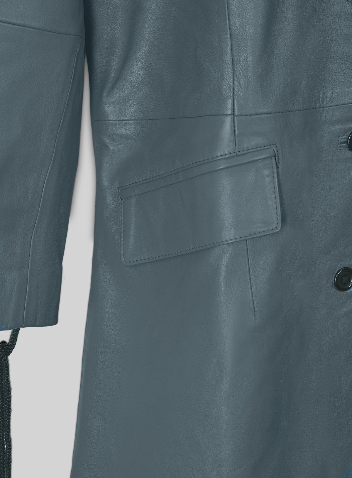 Rita Ora Black Leather Long Coat – close-up and worn views
