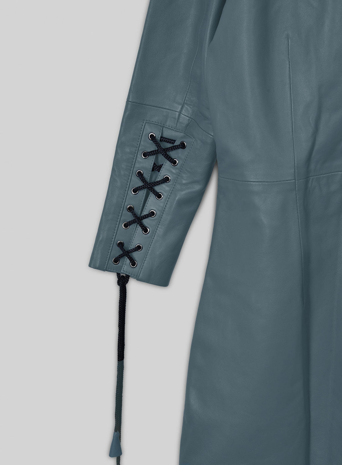 Rita Ora Black Leather Long Coat – close-up and worn views