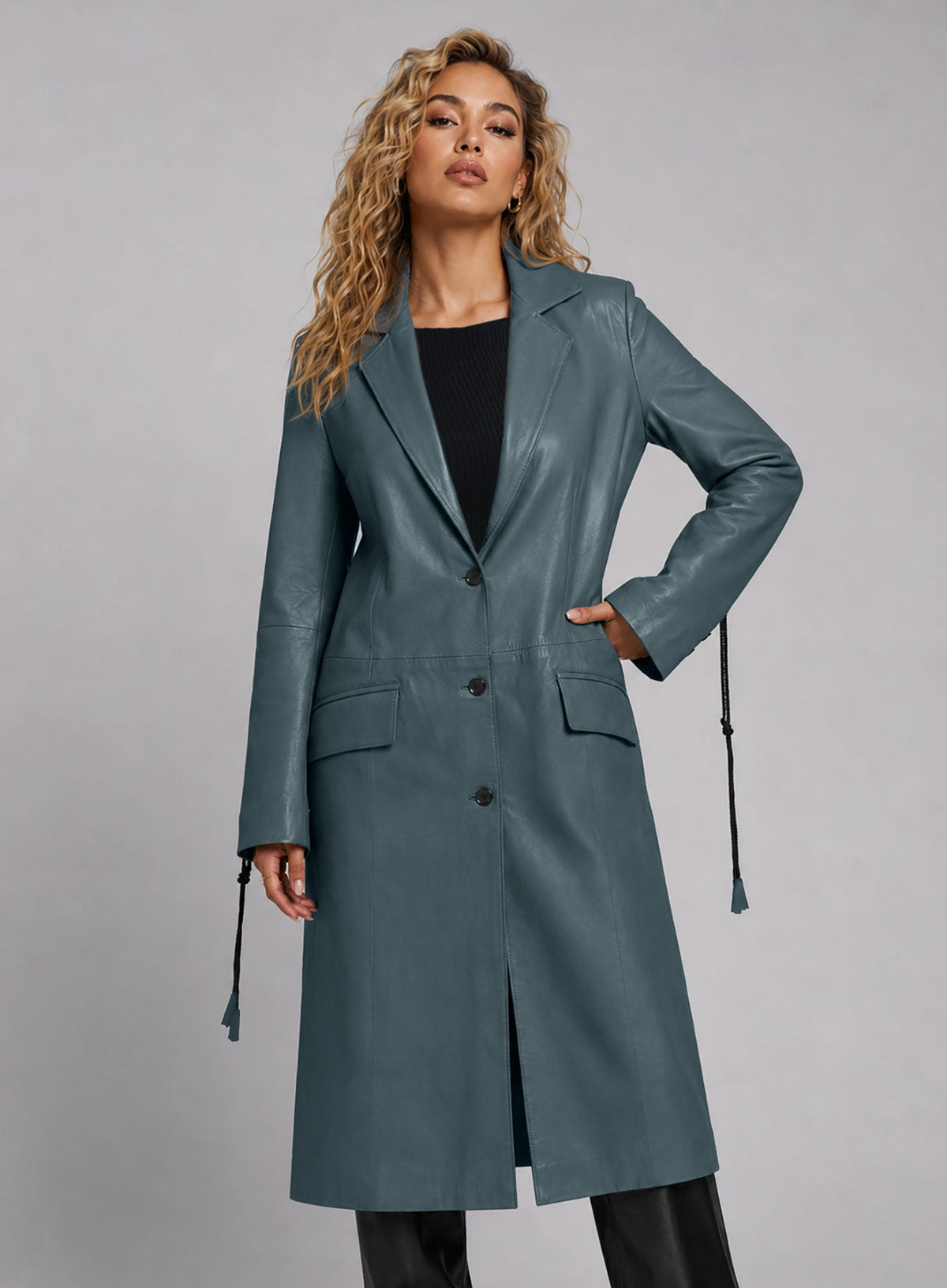 Rita Ora Black Leather Long Coat – close-up and worn views
