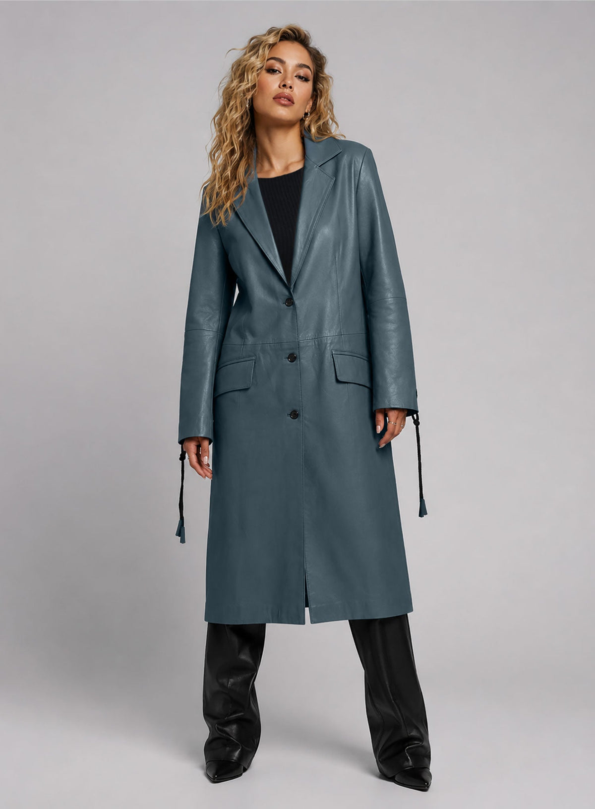 Rita Ora Black Leather Long Coat – full product view