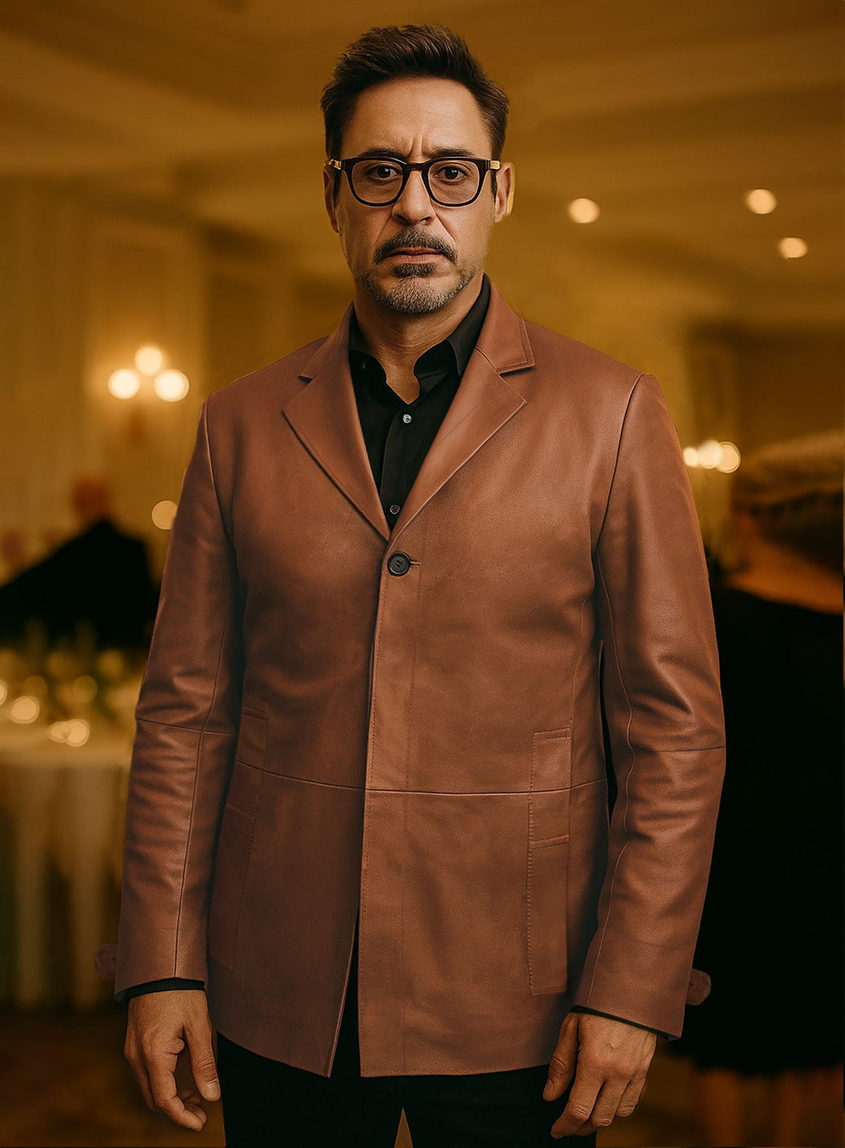 Robert Downey Jr. Singing Detective Brown Leather Blazer in cognac brown – worn look