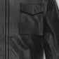 Robert Pattinson 2020 Paris Fashion Show Black Leather Jacket – close-up detail of front closure, pocket and leather stitching