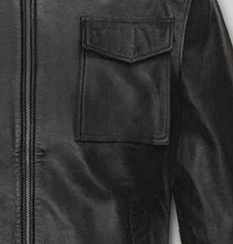 Robert Pattinson 2020 Paris Fashion Show Black Leather Jacket – close-up detail of front closure, pocket and leather stitching