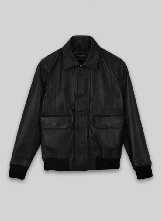 Robert Pattinson Black Bomber Leather Jacket – front view