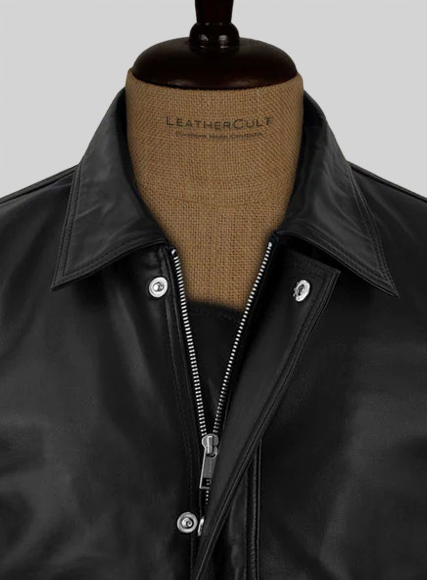 Robert Pattinson Black Bomber Leather Jacket – close-up detail of hardware and pockets