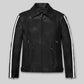Robert Pattinson Damsel Black Striped Leather Jacket – front view