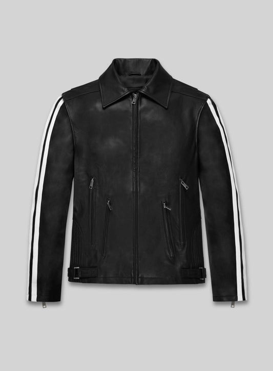 Robert Pattinson Damsel Black Striped Leather Jacket – front view