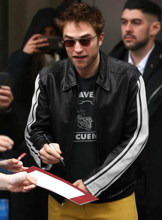 Robert Pattinson Damsel Black Striped Leather Jacket – worn look