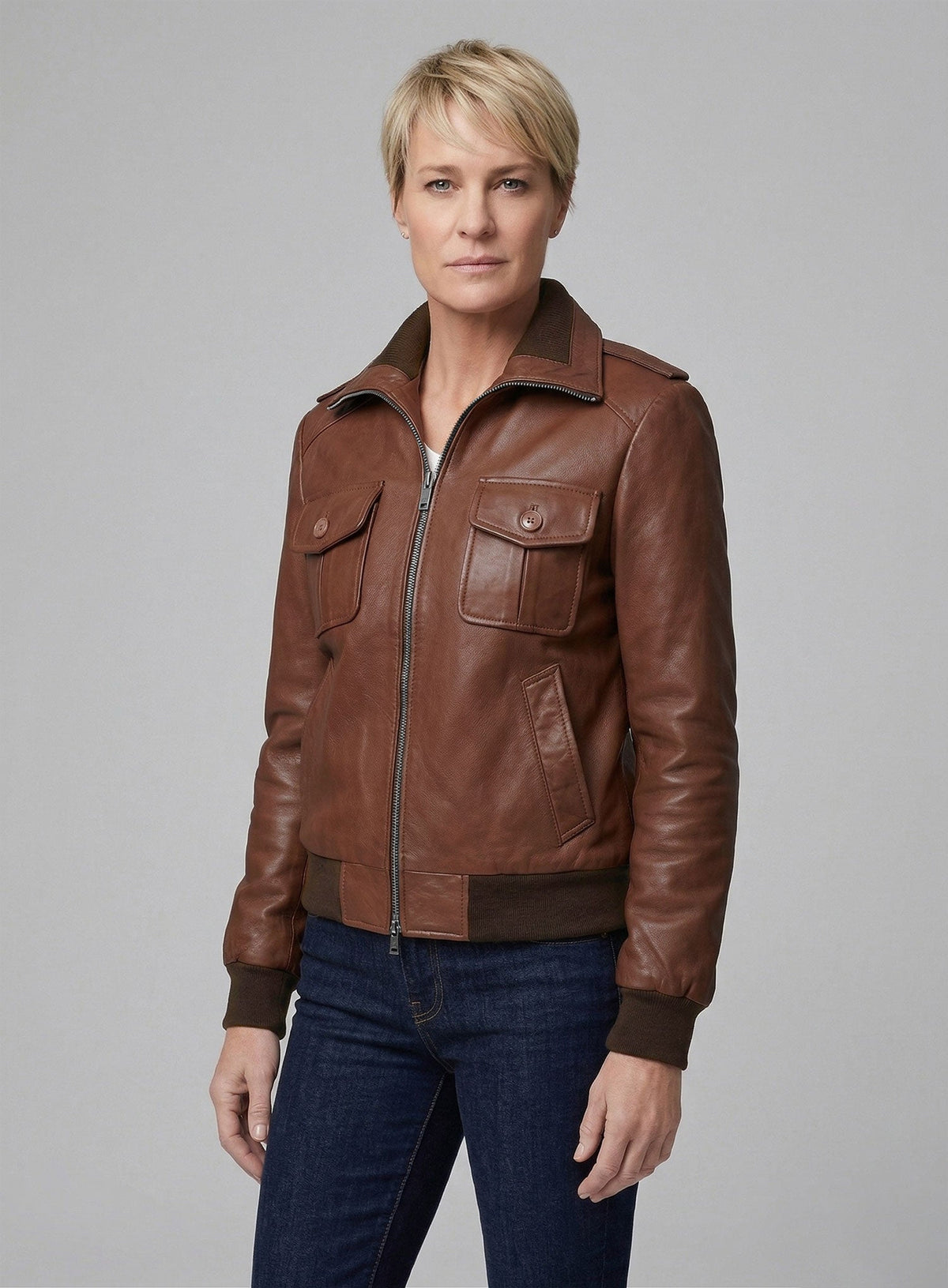 Robin Wright Sorry Haters in New York premiere Black Leather Jacket – full product view