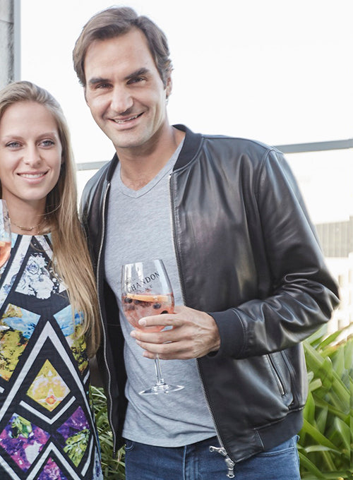 Roger Federer Black Bomber Leather Jacket – close-up and worn views